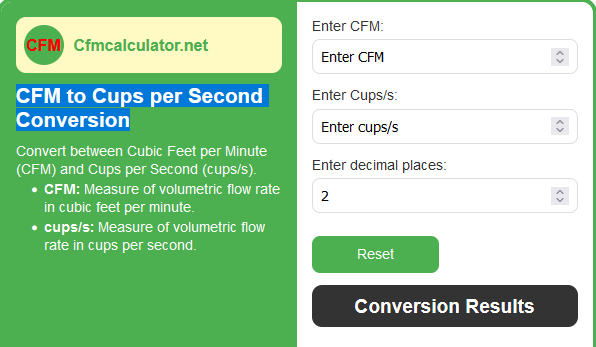 CFM to Cups per Second Conversion