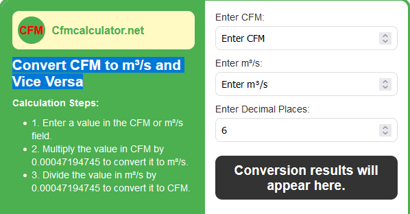 CFM to m³ s converter calculator